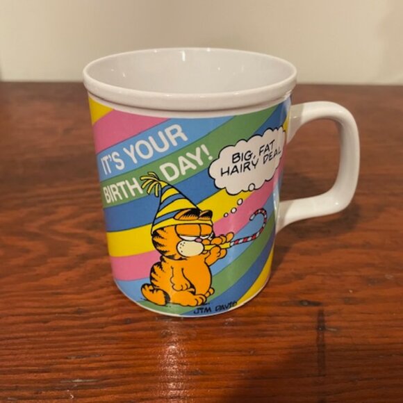Vintage 1978 Enesco Garfield It’s Your Birthday "Big Fat Hairy Deal" Mug - Picture 1 of 9